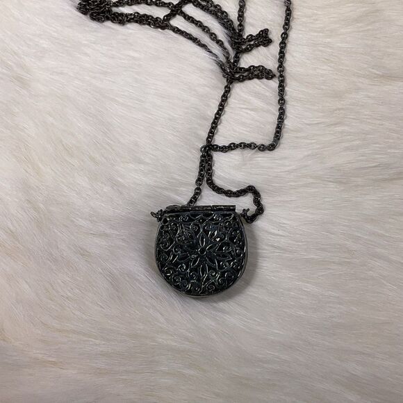 Vintage Purse Locket Pendant Necklace Opens Filigree Marcasite Style Red Glass S - Picture 3 of 6